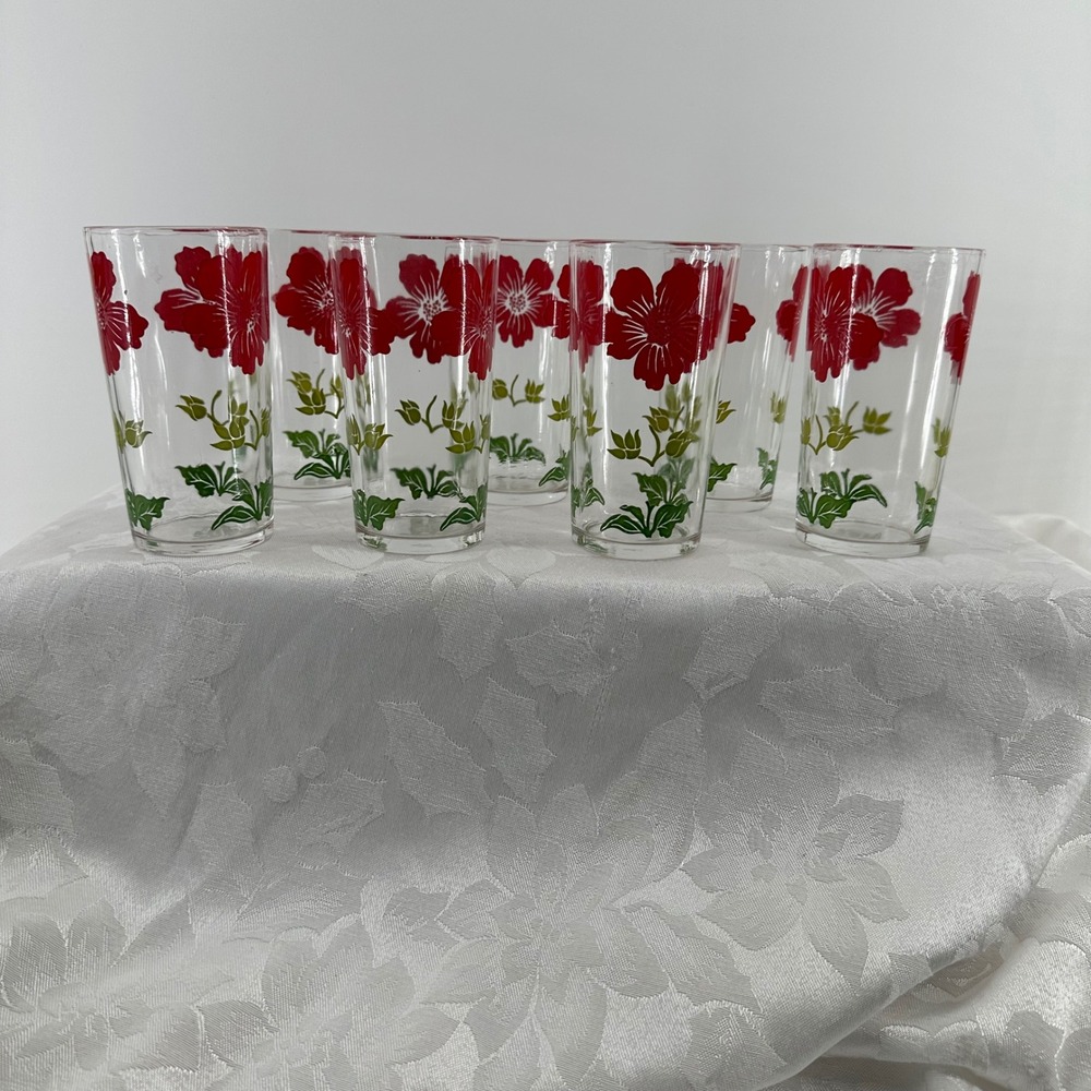 Vintage Federal Glass Tumblers Floral Set 7 Excellent Mid Century Modern Retro